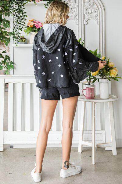 Veveret Star Embroidered Hooded Denim Jacket for Women - Selvanelle
