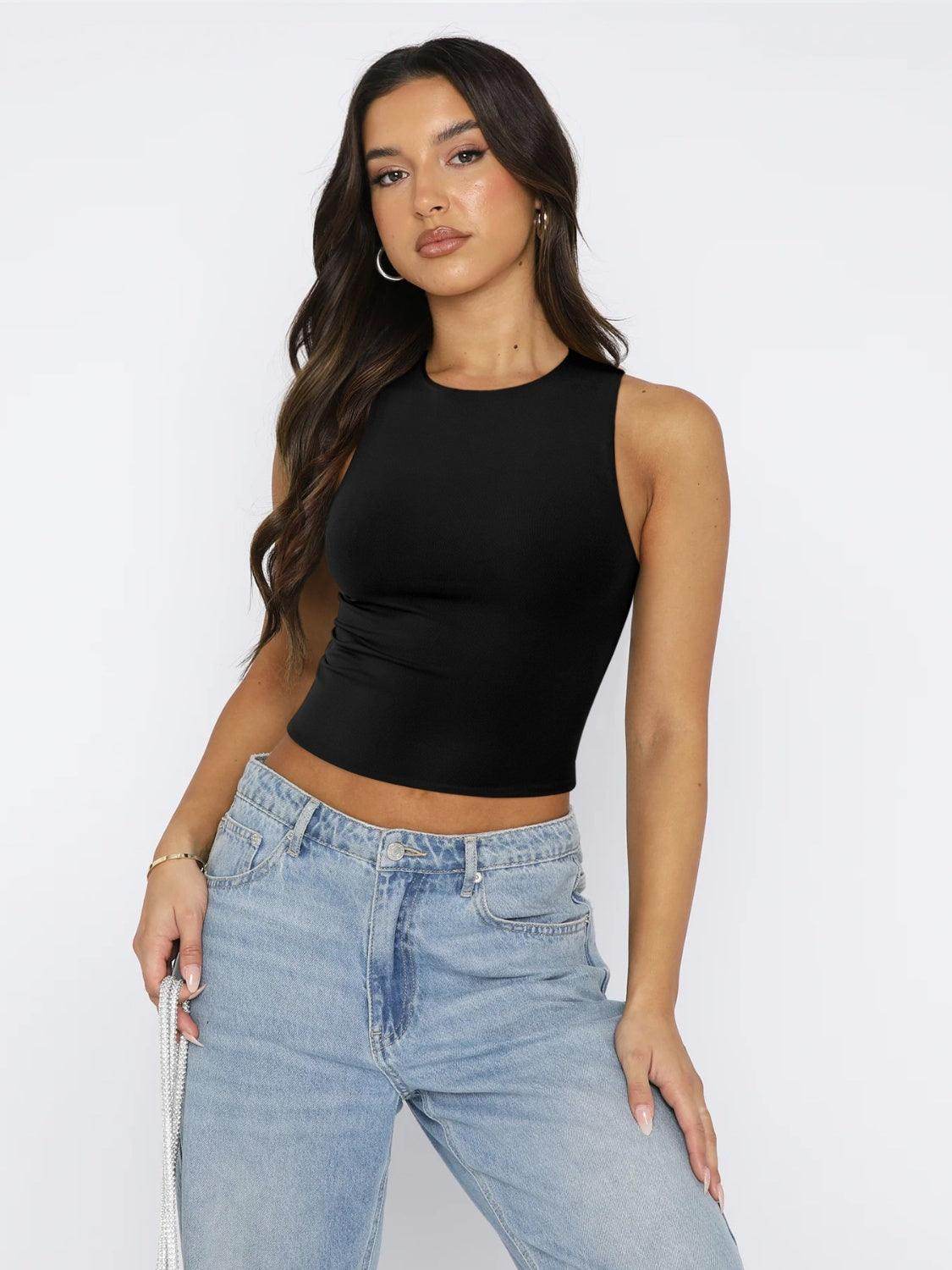 Round Neck Cropped Tank for Women in Soft Stretch Fabric - Selvanelle