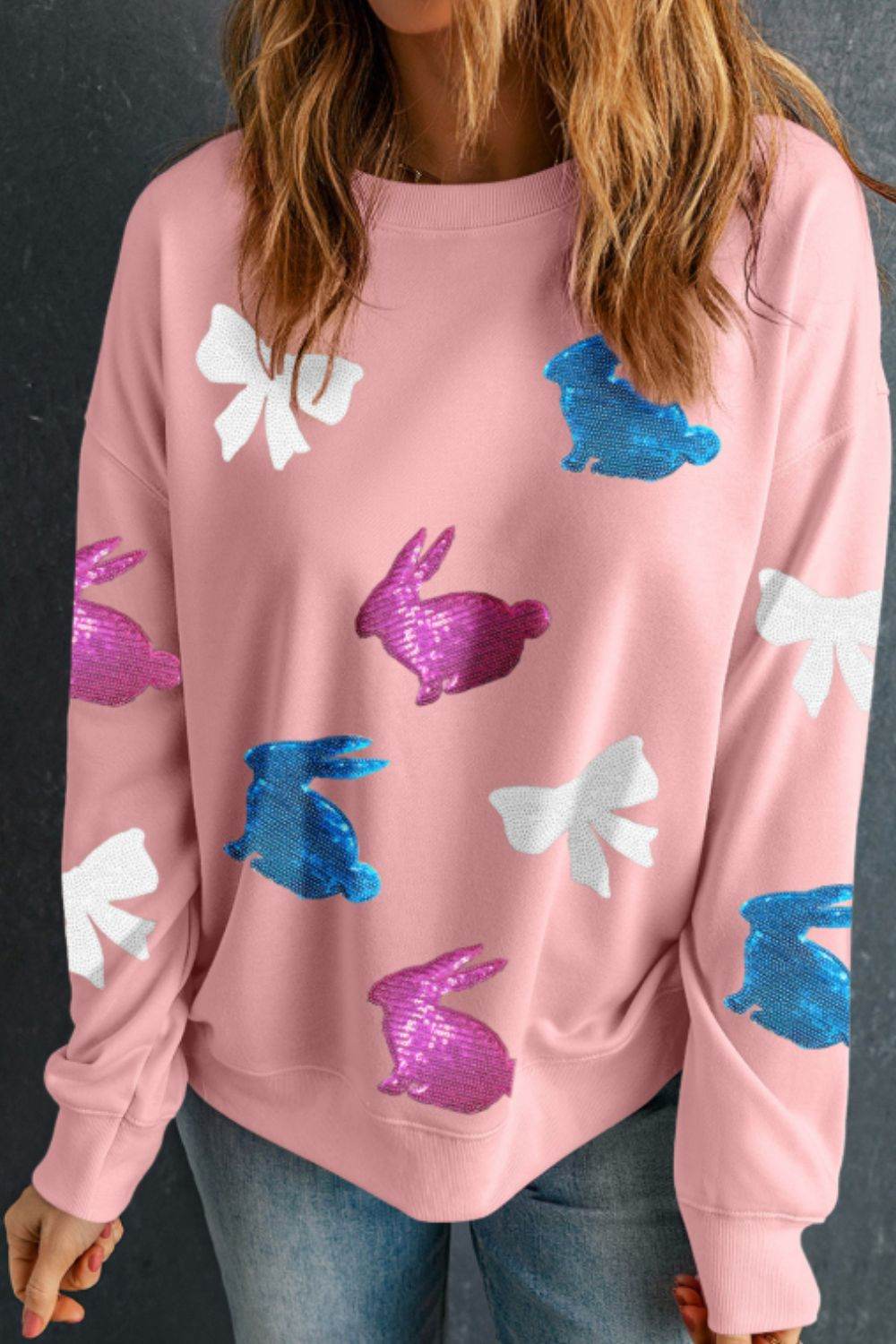 Easter Bunny Bow Knot Sequined Sweatshirt - Selvanelle