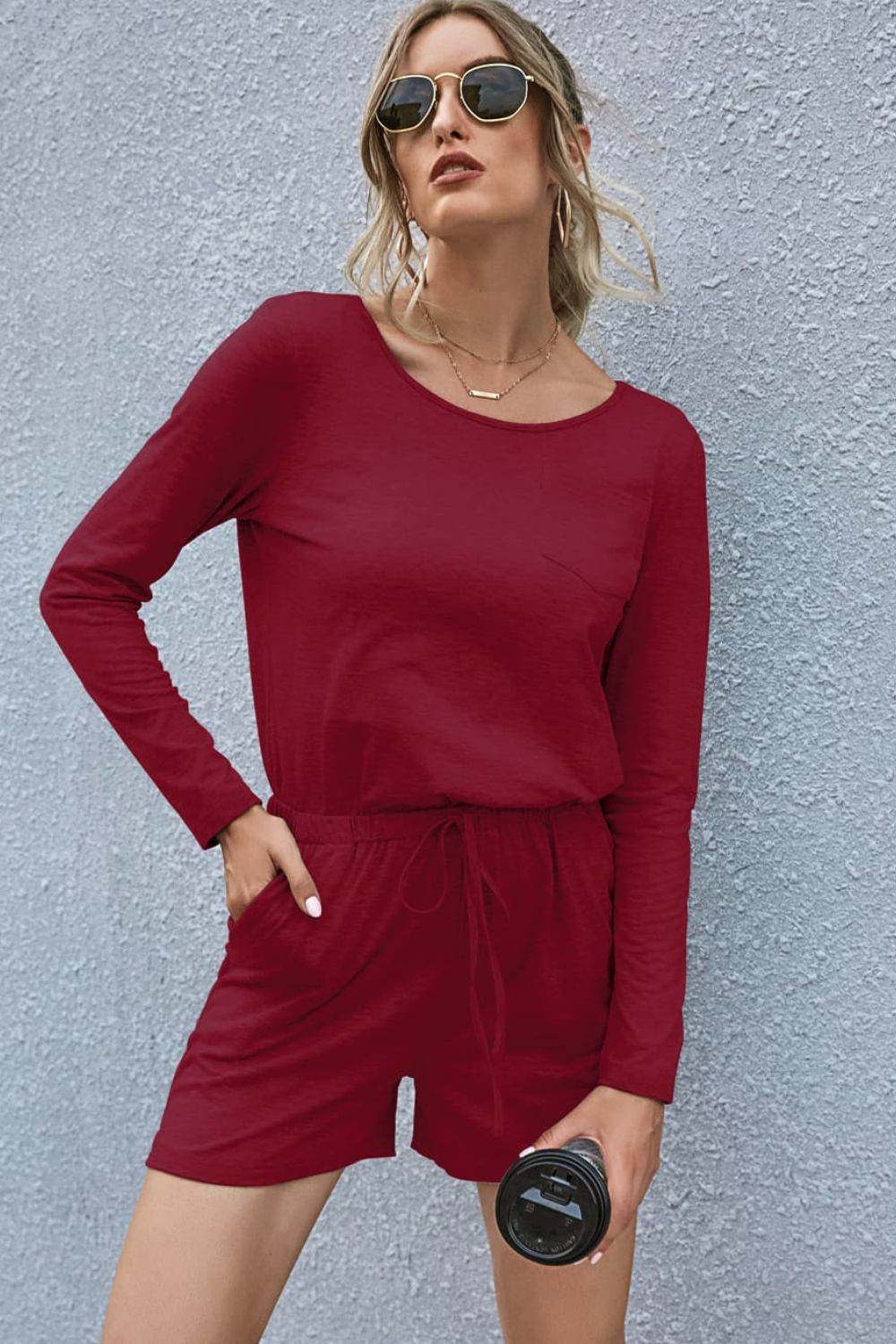 Drawstring Waist Long Sleeve Romper - Selvanelle