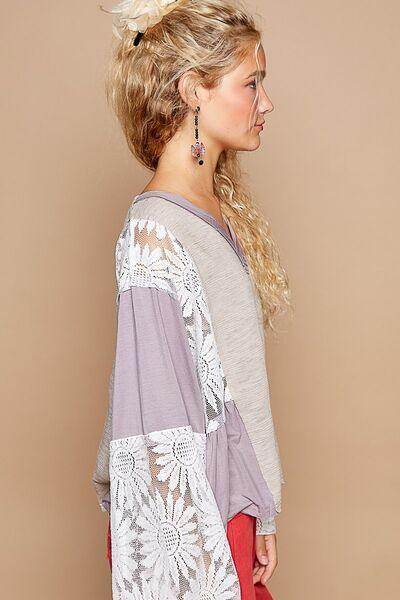 POL Lace Detail V-Neck Flare Sleeve Blouse for Women - Selvanelle