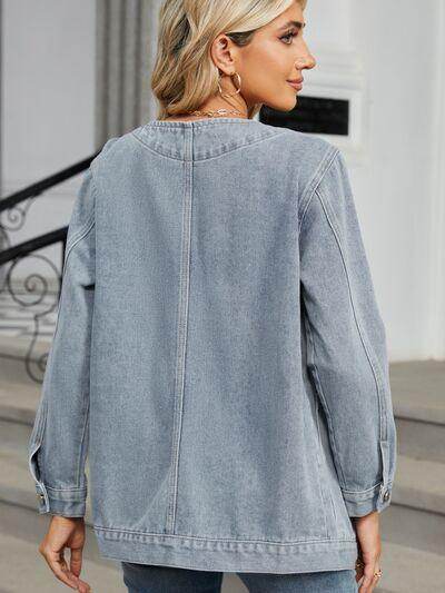 Pocketed V-Neck Button Up Denim Jacket for Stylish Looks - Selvanelle
