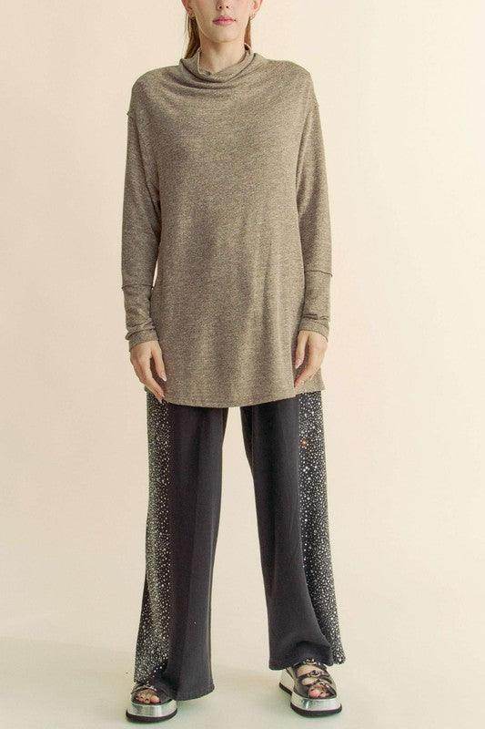 Davi & Dani Slit Mock Neck Long Sleeve Top for Women - Selvanelle