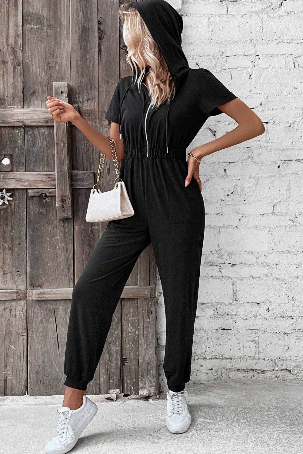 Perfee Zip-Up Short Sleeve Hooded Jumpsuit with Pockets - Selvanelle
