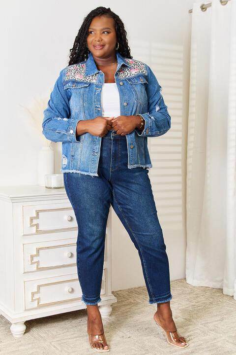 Baeful Leopard Floral Distressed Raw Hem Denim Jacket Women - Selvanelle