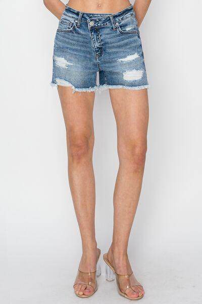 RISEN Stepped Waist Frayed Denim Shorts for Women - Selvanelle