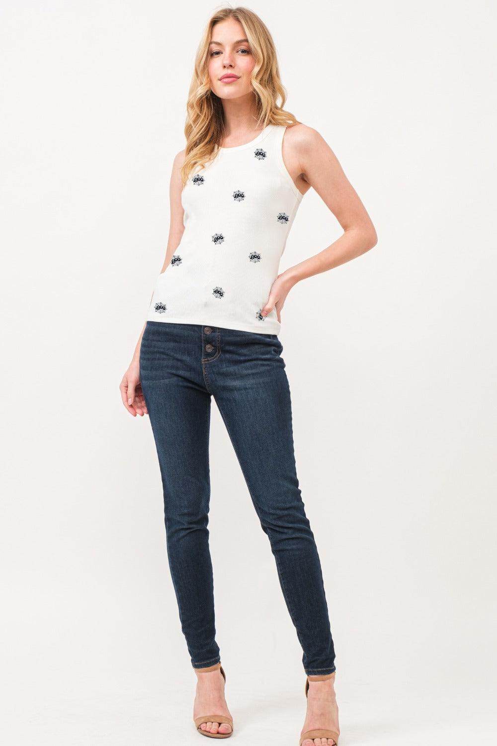 And The Why BOO Spider Web Embroidered Ribbed Tank Top - Selvanelle