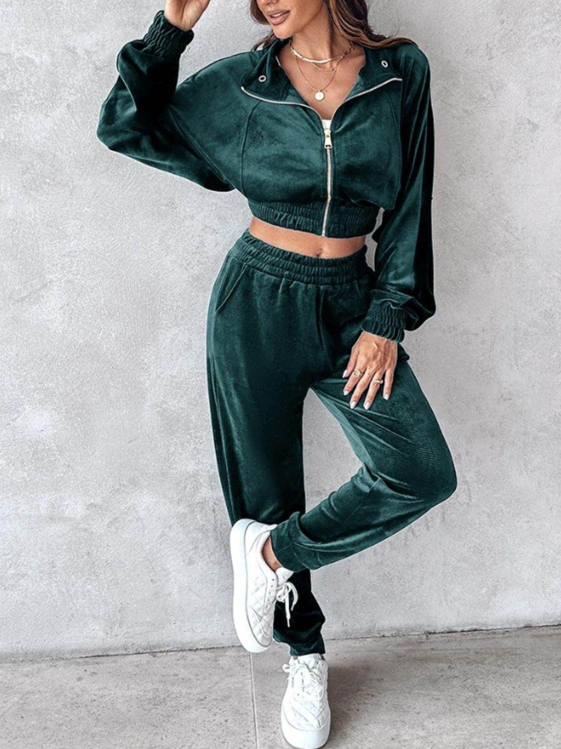 Zip Up Long Sleeve Cropped Top and Joggers Set for Women - Selvanelle