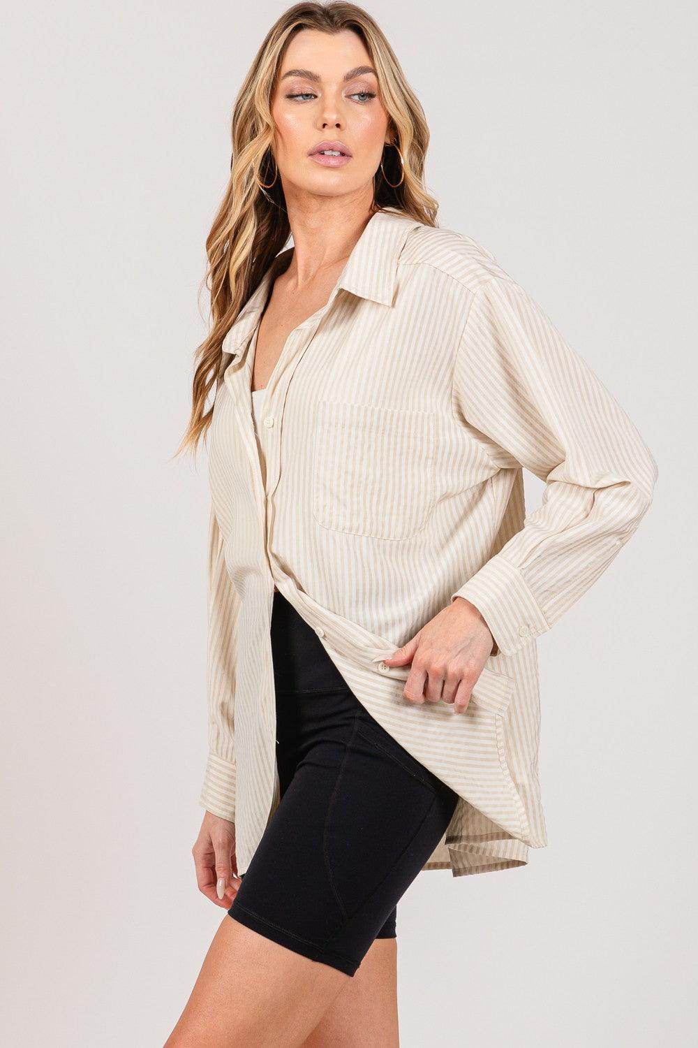 SAGE + FIG Striped Button Up Long Sleeve Shirt for Women - Selvanelle