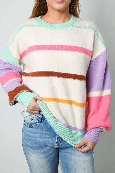 Contrast Striped Round Neck Drop Shoulder Sweater for Women - Selvanelle