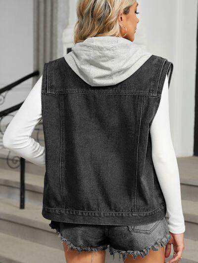 Pocketed Button Up Sleeveless Denim Jacket for Women - Selvanelle