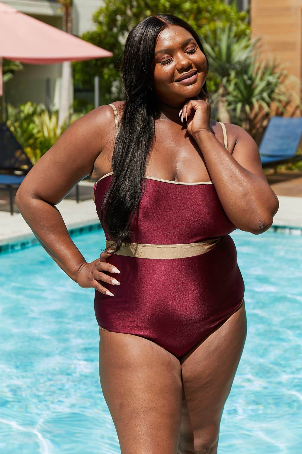 Marina West Swim Wave Break Contrast Trim One-Piece in Wine - Selvanelle