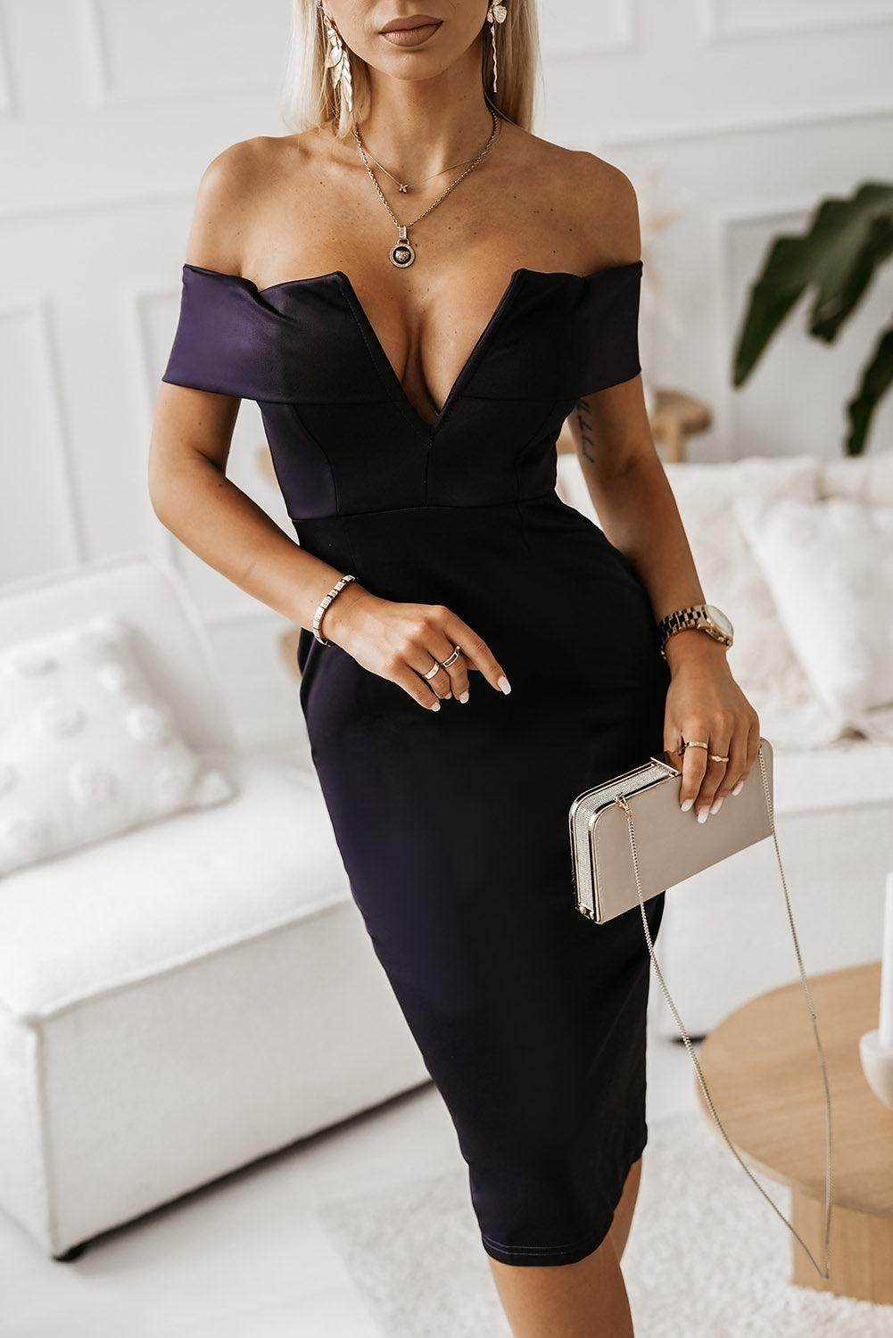 Off-Shoulder Zip-Back Slit Dress for Elegant Evenings - Selvanelle