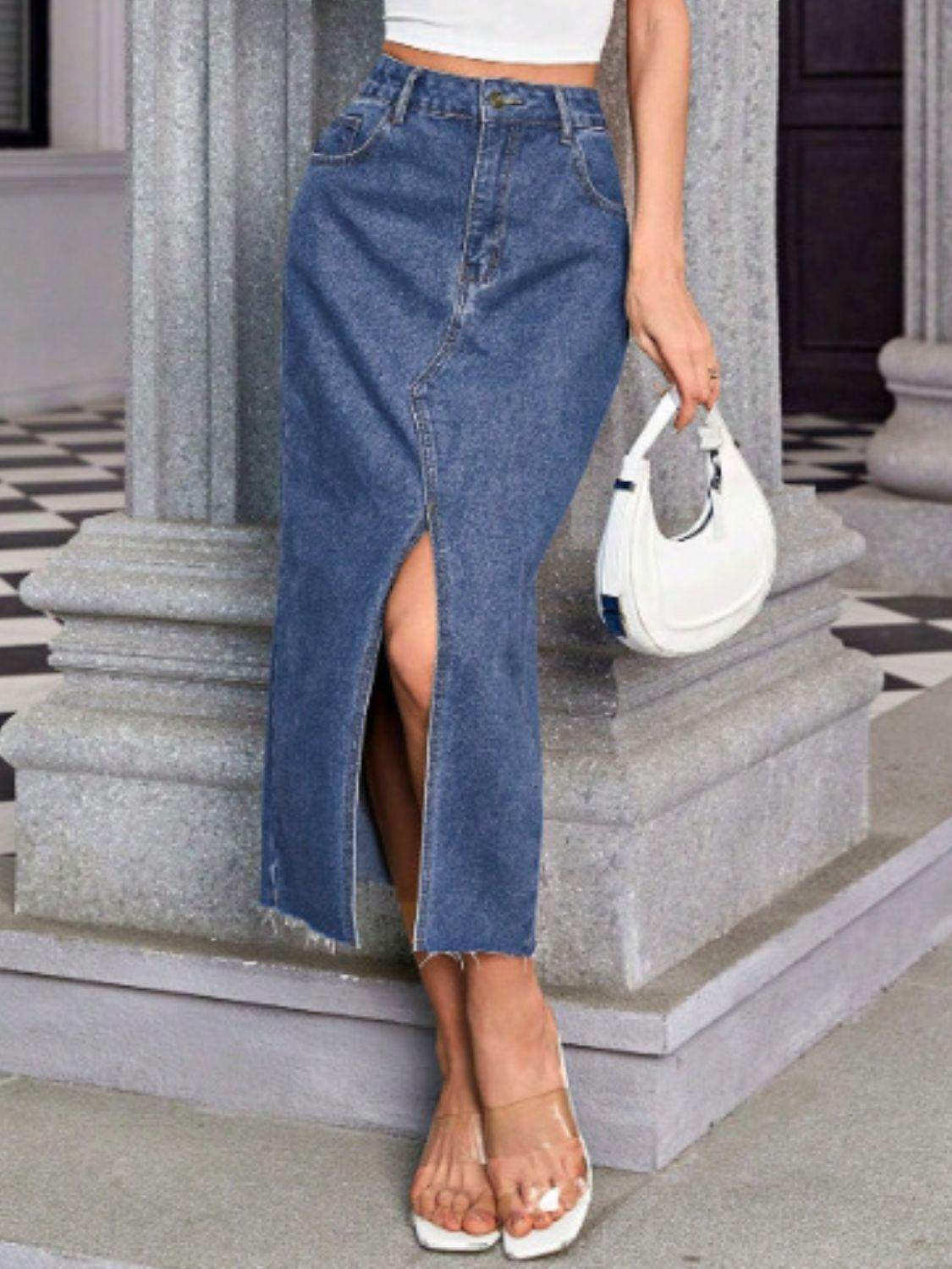 Slit Midi Denim Skirt with Pockets for Women Fashion - Selvanelle