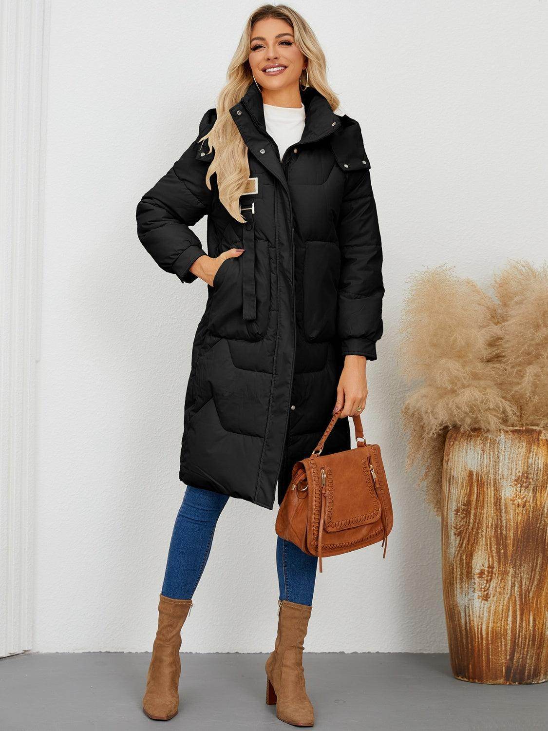 Long Sleeve Longline Hooded Winter Coat for Women - Selvanelle