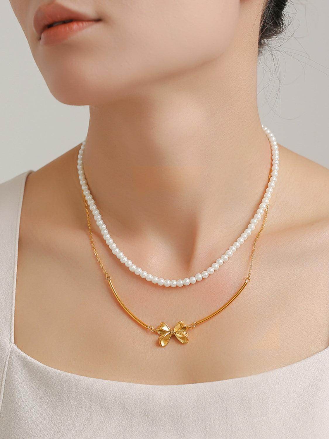 3 Piece Pearl Necklace Bow Necklace and Stud Earrings Set - Selvanelle