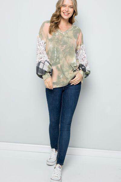 Celeste Full Size Tie-Dye V-Neck Printed Sleeve Blouse - Selvanelle