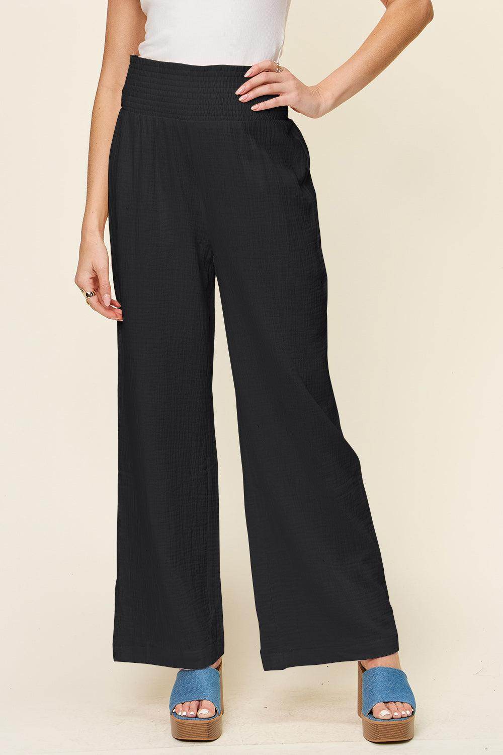 Double Take Full Size Texture Smocked Waist Wide Leg Pants For Women - Selvanelle
