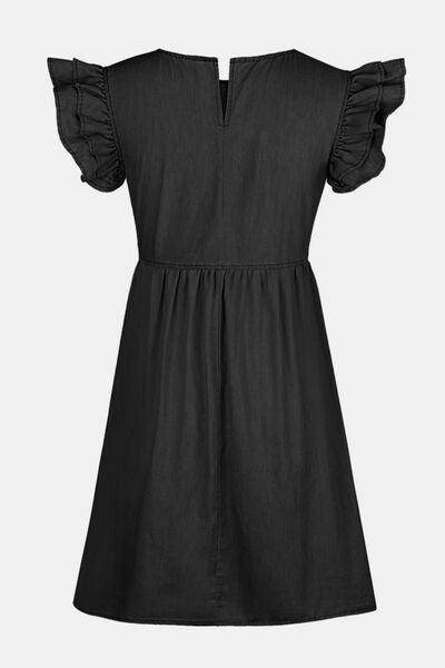 Full Size Ruffled Round Neck Cap Sleeve Denim Dress for Women - Selvanelle