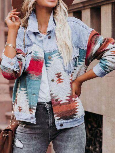 Geometric Button Up Long Sleeve Denim Jacket for Women - Selvanelle