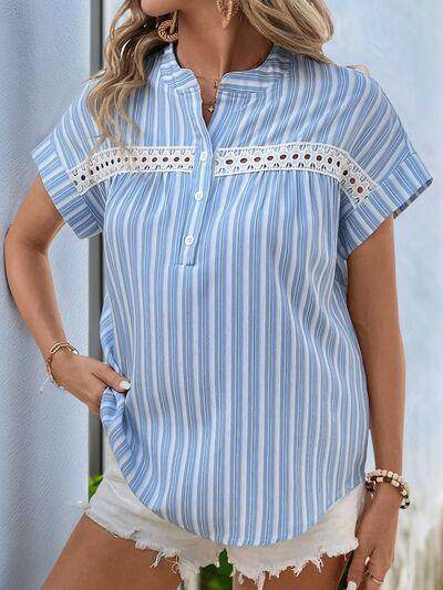 Perfee Half Button Striped Short Sleeve Blouse for Women - Selvanelle