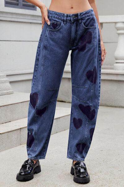 Heart Mid Rise Jeans with Pockets for Stylish Comfort - Selvanelle