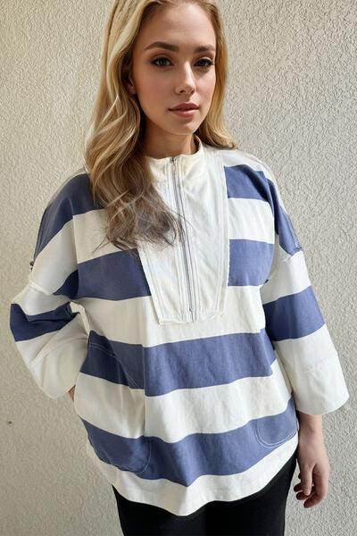 Oh Pima Cotton Wash Striped Half Zip Mock Neck Top - Selvanelle