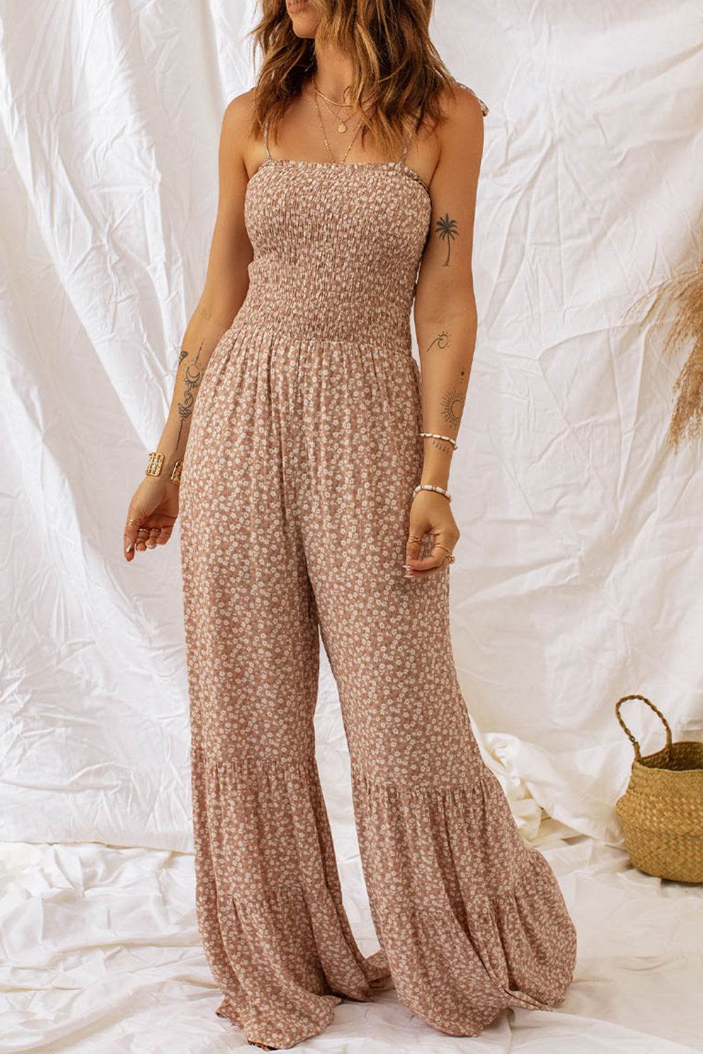 Floral Spaghetti Strap Smocked Wide Leg Jumpsuit - Selvanelle