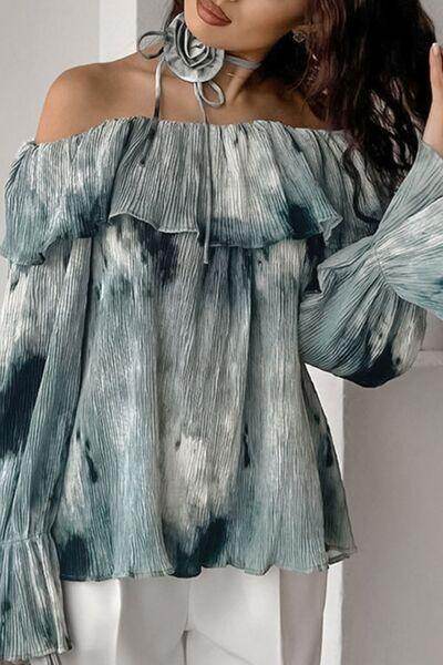 Printed Ruffled Off-Shoulder Blouse with Flower Neck Tie - Selvanelle