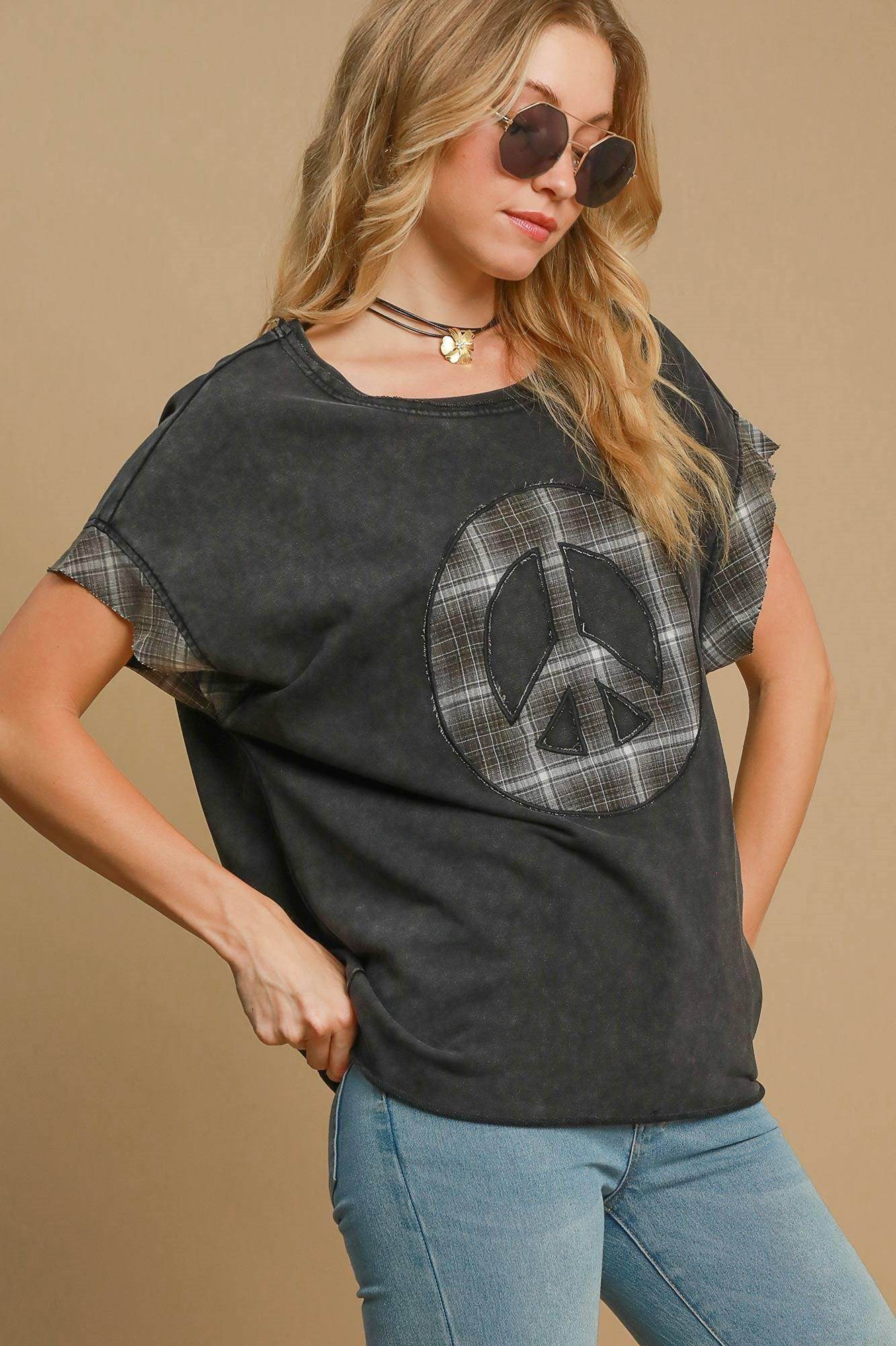 Umgee Peace Applique Round Neck French Terry Top for Women - Selvanelle