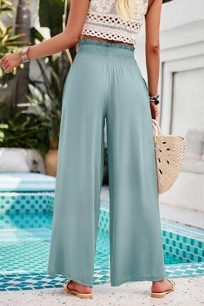 Devine Smocked Wide Leg Pants with Pockets for Women - Selvanelle