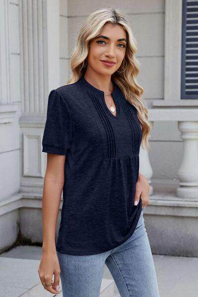 Notched Short Sleeve Top for Women in Opaque Fabric - Selvanelle
