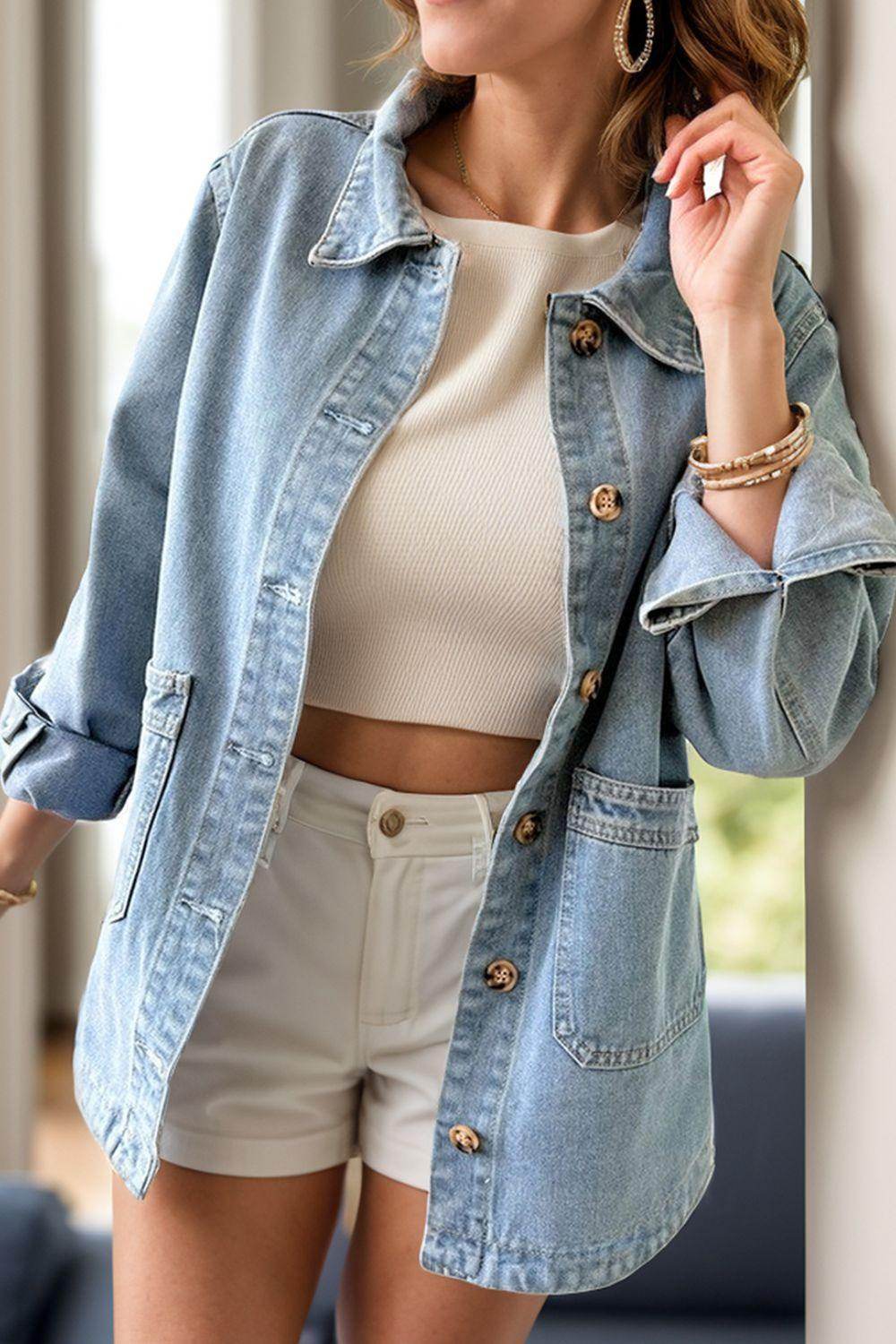 Pocketed Button Up Long Sleeve Denim Jacket for Women - Selvanelle