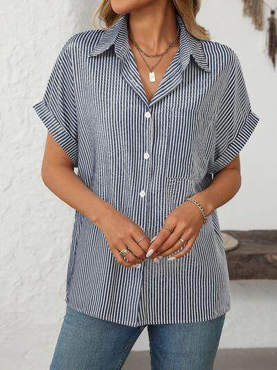 Mandy Pocketed Striped Collared Neck Short Sleeve Shirt - Selvanelle