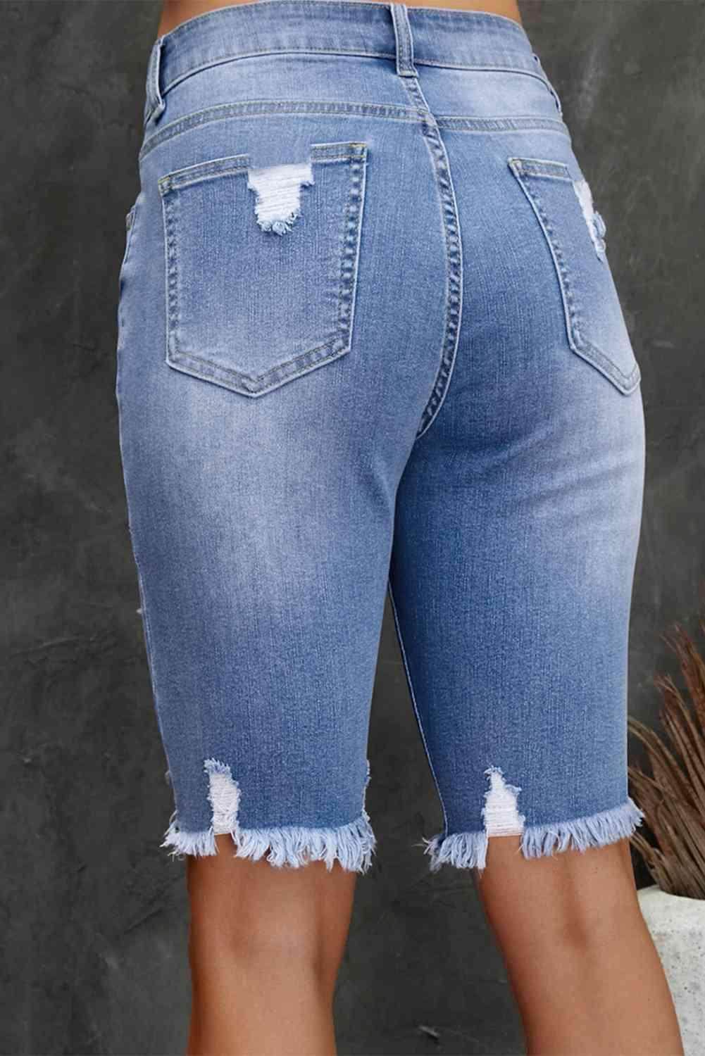 Distressed Frayed Hem Denim Bermuda Shorts for Women - Selvanelle