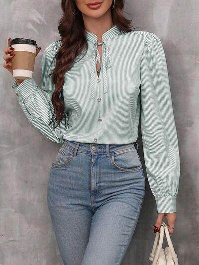 Striped Tie Neck Long Sleeve Shirt for Women Casual Wear - Selvanelle