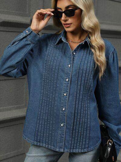 Button Down Collared Neck Long Sleeve Denim Top for Women - Selvanelle