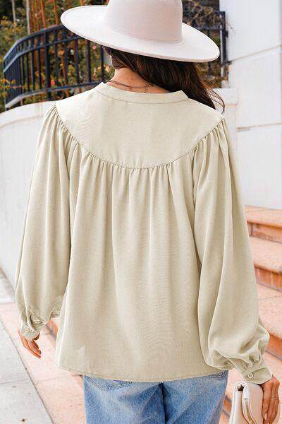 Lantern Sleeve Notched V Neck Ruched Blouse for Women - Selvanelle