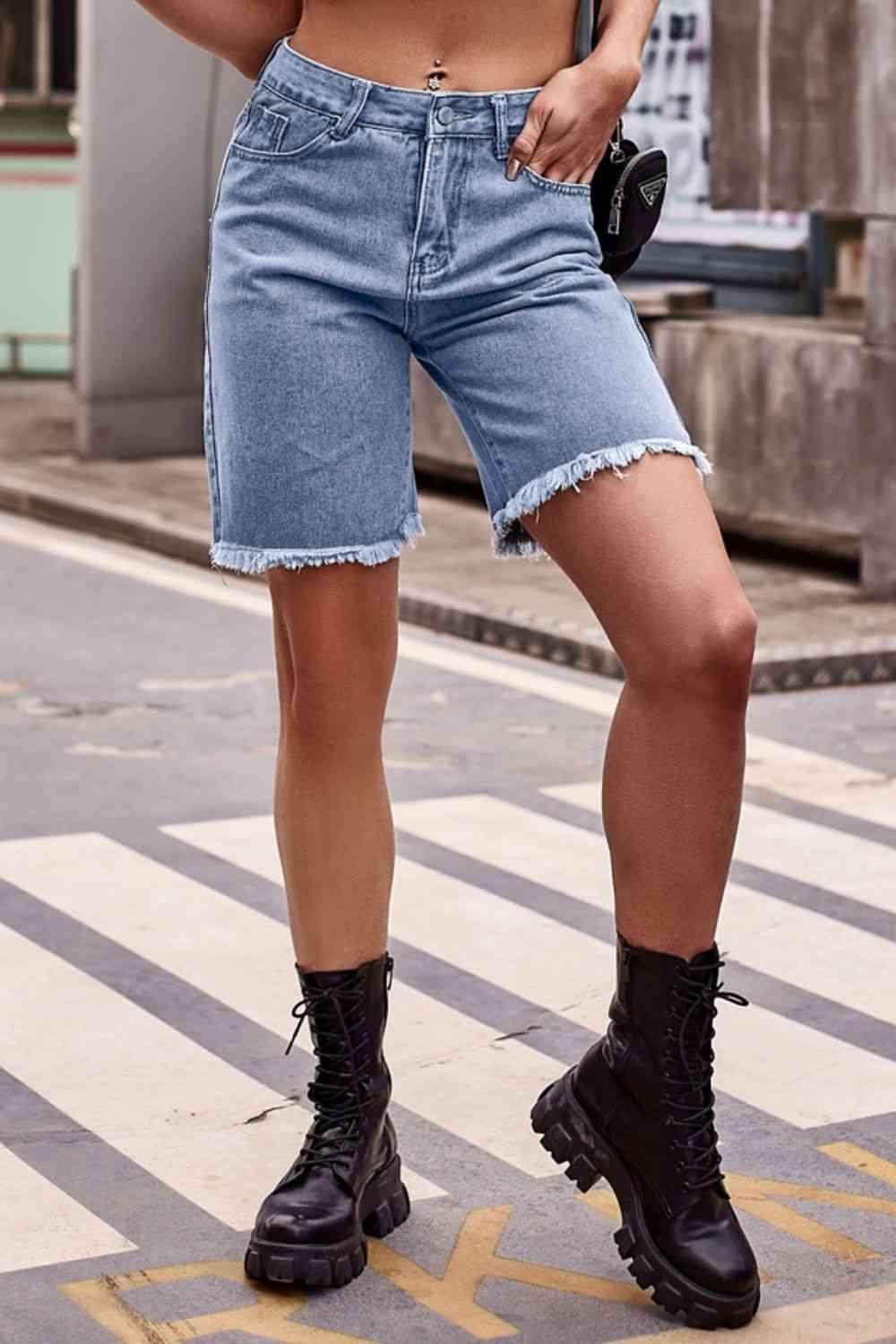 Raw Hem Denim Shorts with Pockets for Casual Chic Style - Selvanelle