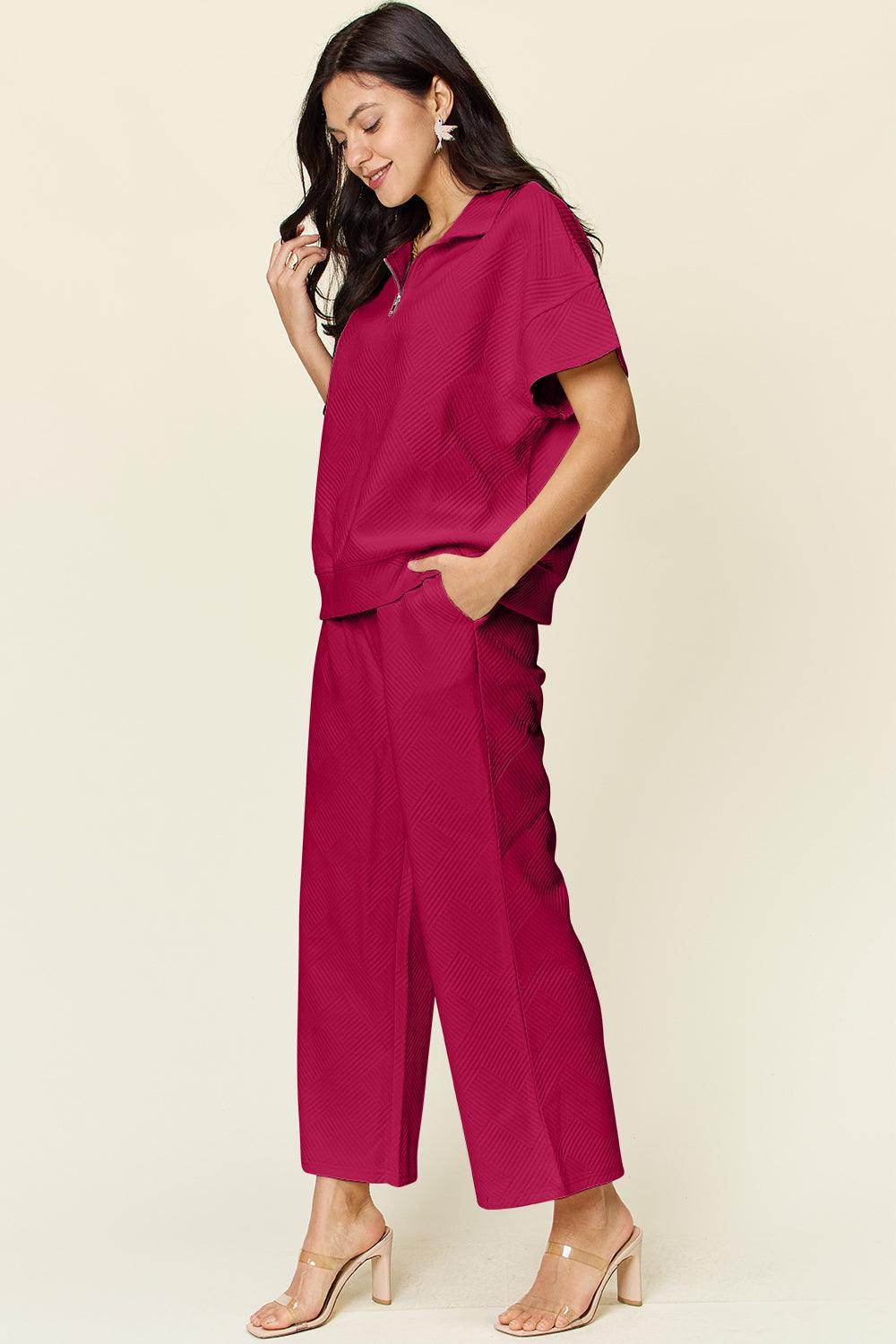 Double Take Full Size Texture Half Zip Short Sleeve Top Set - Selvanelle