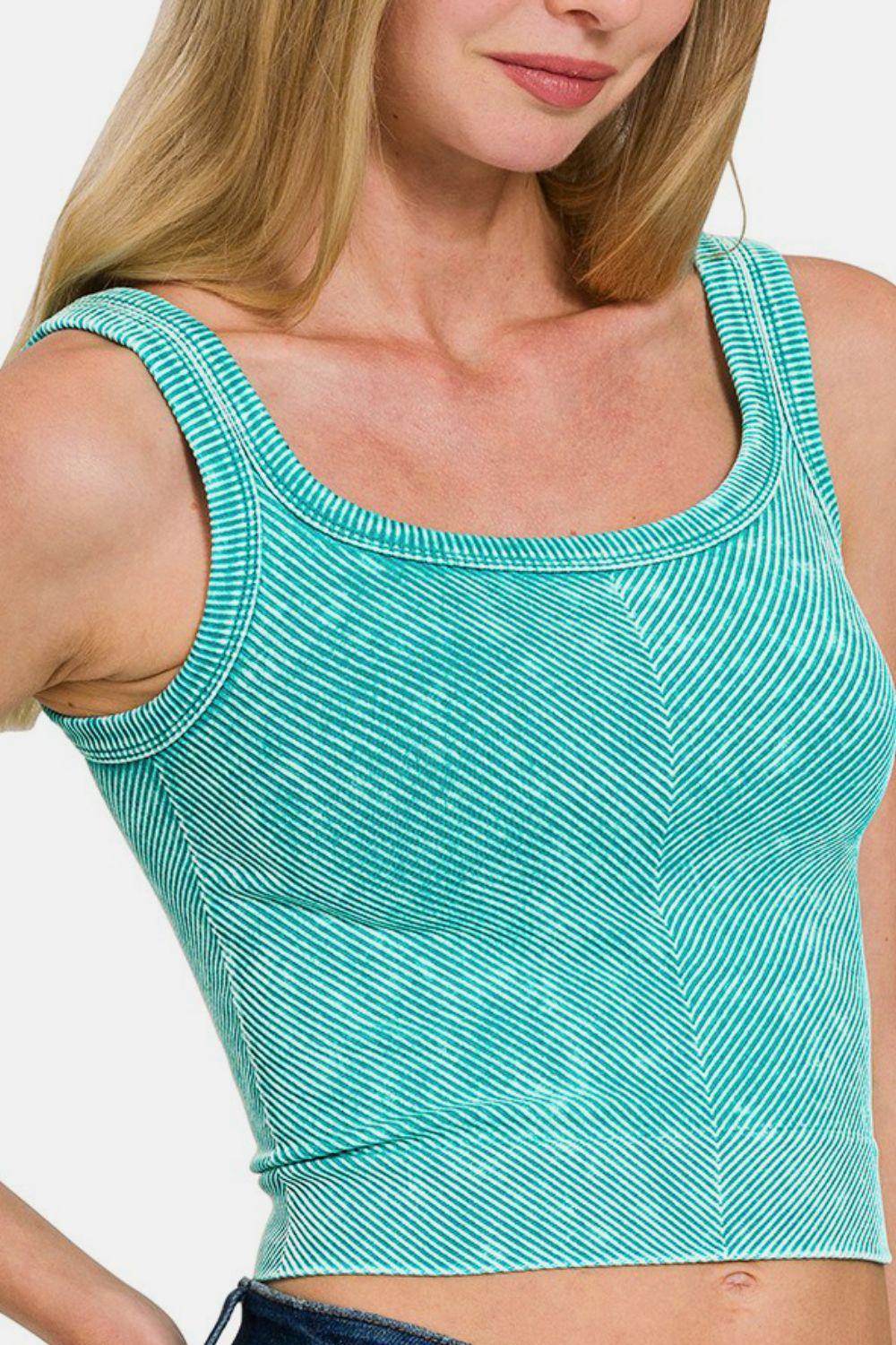 Zenana Washed Ribbed Scoop Neck Wide Strap Tank Top - Selvanelle