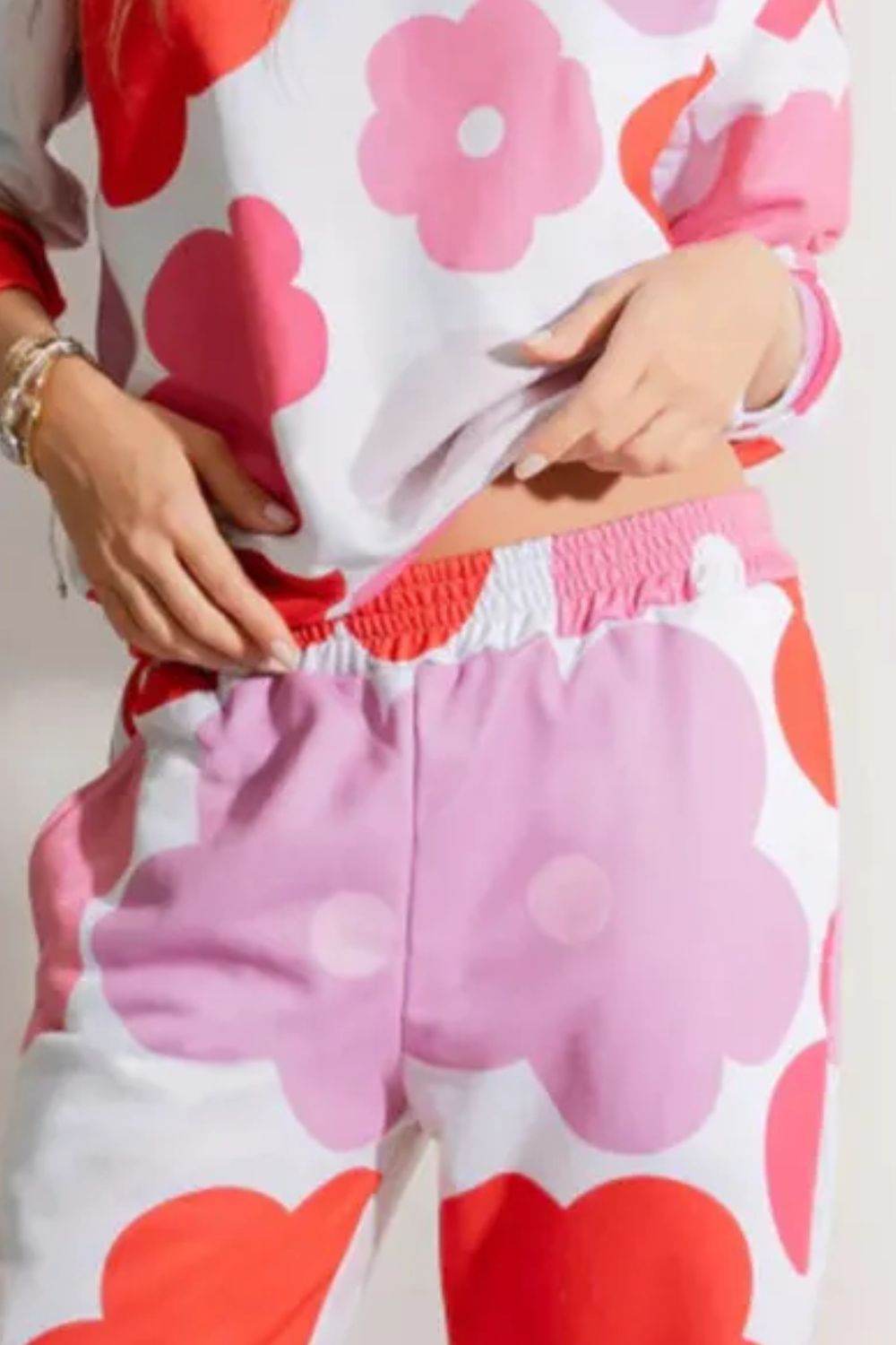 Flower Round Neck Long Sleeve Top and Pants Lounge Set - Selvanelle