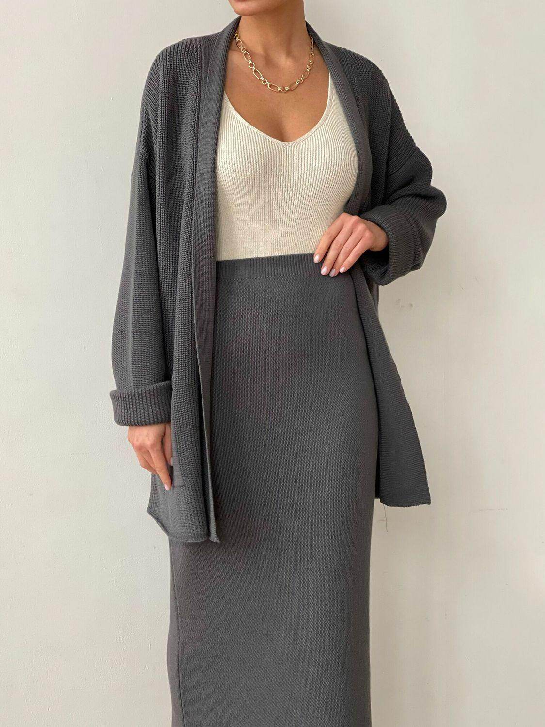 Pocketed Long Sleeve Cardigan and Skirt Sweater Set - Selvanelle