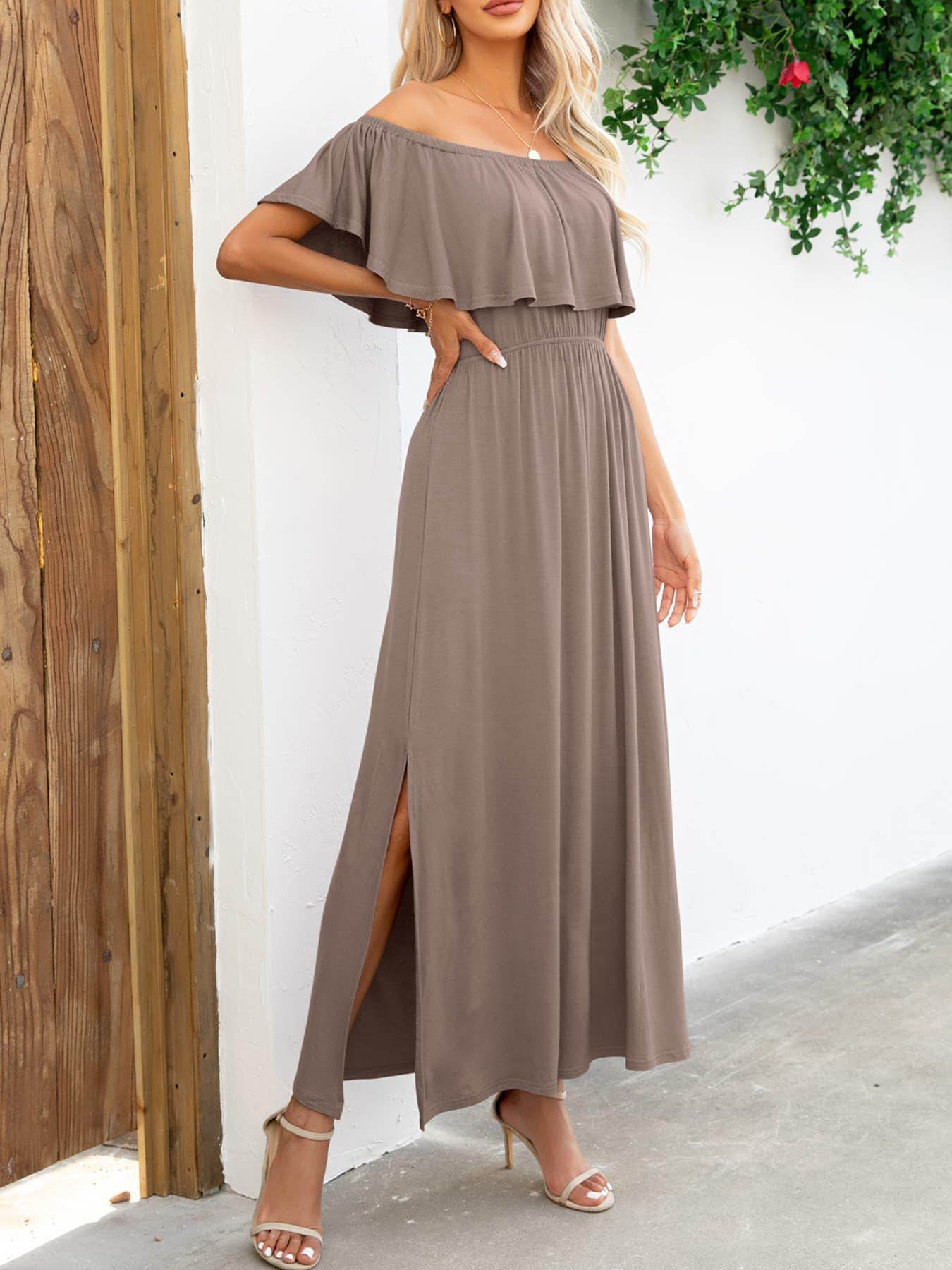 Off-Shoulder Slit Maxi Dress for Elegant Summer Style - Selvanelle