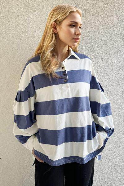 Oh Pima Cotton Wash Wide Striped Collared Neck Top - Selvanelle