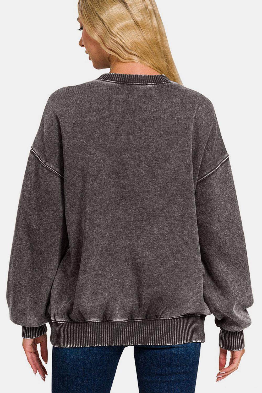 Zenana Full Size Acid Wash Fleece Long Sleeve Sweatshirt - Selvanelle