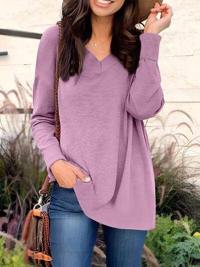 Full Size V-Neck Long Sleeve T-Shirt for Women Casual Wear - Selvanelle