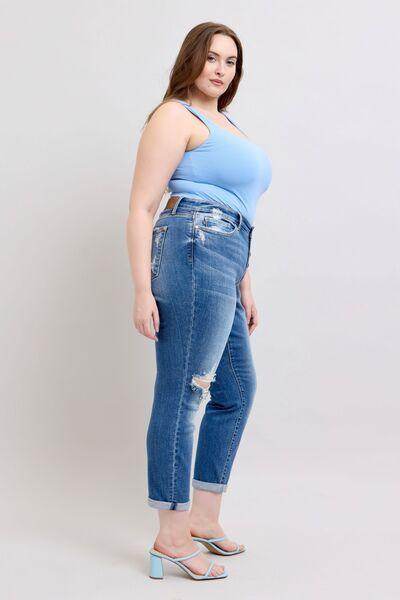 Judy Blue Full Size Button Fly Distressed Jeans Plus Size - Selvanelle