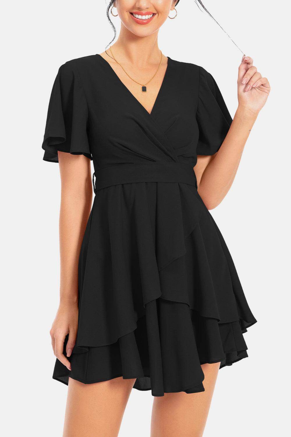 Surplice Neck Flutter Sleeve Dress for Chic Summer Style - Selvanelle