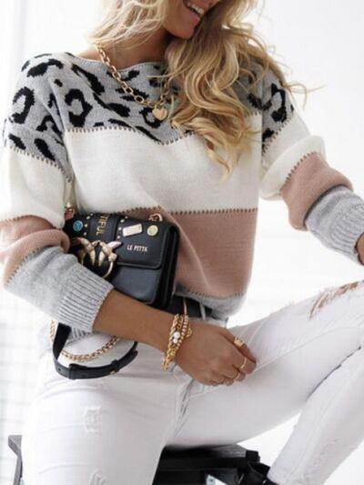 Leopard Color Block Round Neck Long Sleeve Sweater for Women - Selvanelle